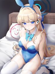 Rule 34 | 1girl, animal ears, bed, bed sheet, blonde hair, blue archive, blue bow, blue bowtie, blue eyes, blue hair, blue halo, blue leotard, blush, bow, bowtie, braid, breasts, commentary request, detached collar, doodle sensei (blue archive), fake animal ears, halo, highres, koflif, leotard, long hair, looking at viewer, medium breasts, multicolored hair, official alternate costume, parted lips, pillow, rabbit ears, sensei (blue archive), solo, strapless, strapless leotard, streaked hair, thighhighs, toki (blue archive), toki (bunny) (blue archive), white thighhighs, wrist cuffs