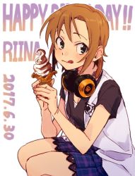 Rule 34 | 1girl, :q, brown hair, character name, commentary request, dated, food, green eyes, happy birthday, headphones, headphones around neck, ice cream, idolmaster, idolmaster cinderella girls, jacket, lace trim, looking at viewer, open clothes, open jacket, plaid, plaid skirt, shirt, short hair, simple background, sitting, skirt, sleeveless jacket, solo, syouyumochi33, t-shirt, tada riina, tongue, tongue out