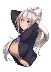 Rule 34 | 1girl, absurdres, black jacket, bow, breasts, breasts day, brown vest, closed mouth, floating hair, grey hair, hair bow, hands up, highres, higuchi kaede, higuchi kaede (1st costume), jacket, large breasts, long hair, long sleeves, looking at viewer, mole, mole under eye, necktie, nijisanji, o3o, ponytail, purple eyes, purple necktie, simple background, solo, sweater vest, upper body, very long hair, vest, virtual youtuber, wakamesan, white background, white bow