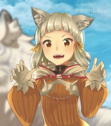 Rule 34 | 1girl, :d, animal, animal ears, bad id, bad twitter id, blue sky, blunt bangs, blurry, bodysuit, breasts, cat ears, cloud, day, depth of field, diamond (shape), dromarch (xenoblade), eyebrows, eyelashes, facing viewer, fangs, gem, gloves, grey hair, highres, hood, hood down, looking at viewer, nia (xenoblade), nintendo, open mouth, orange bodysuit, orange eyes, orange ribbon, outdoors, po pooch, ribbed bodysuit, ribbon, short hair, sky, small breasts, smile, solo, spikes, teeth, tiger, tongue, tsurime, turtleneck, twitter username, upper body, white gloves, white tiger, xenoblade chronicles (series), xenoblade chronicles 2