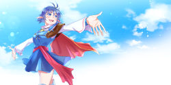 Rule 34 | 19670615t, 1girl, ahoge, blue eyes, blue hair, blue skirt, cape, cloud, crescent, crescent hair ornament, hair ornament, highres, open mouth, pointy ears, red cape, rena lanford, short hair, skirt, smile, solo, star ocean, star ocean the second story, thighhighs