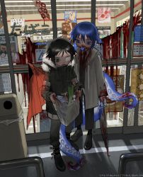 Rule 34 | 2boys, absurdres, bag, black eyes, black footwear, black hair, black jacket, black pants, blood, blood on clothes, blood on face, blood on hands, blood splatter, blue eyes, blue hair, blue tongue, collared shirt, colored tongue, convenience store, eyepatch, full body, fur collar, fur trim, grey jacket, grey vest, grocery bag, highres, holding, holding umbrella, jacket, spring onion, long sleeves, looking at object, looking down, male focus, medical eyepatch, milk carton, multiple boys, necktie, octopus boy, one eye covered, open mouth, original, pants, plastic bag, pointy ears, poster (object), red wings, sharp teeth, shirt, shop, shopping bag, short hair, sidelocks, standing, suction cups, teeth, tentacles, tongue, tongue out, trash can, twitter username, umbrella, vampire, vest, wings, yakito lulu