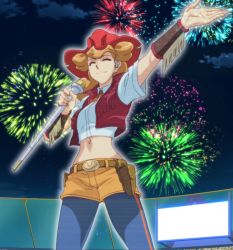 Rule 34 | 1girl, arm up, belt, breasts, cowboy hat, female focus, hat, highres, hologram, large breasts, light brown hair, melissa claire, microphone, midriff, navel, night, night sky, screencap, shirt, sky, smile, third-party edit, vest, yu-gi-oh!, yu-gi-oh! arc-v