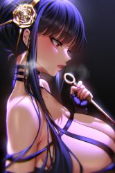 Rule 34 | 1girl, alternate breast size, anima (togashi), bare shoulders, black dress, black gloves, black hair, breasts, cleavage, dagger, dress, earrings, fingerless gloves, flower, from side, gloves, gold hairband, hair flower, hair ornament, hairband, hand up, highres, holding, holding weapon, huge breasts, jewelry, knife, long hair, nail polish, profile, red eyes, red nails, sidelocks, skindentation, solo, spy x family, stiletto (weapon), weapon, yor briar