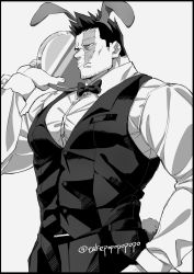 Rule 34 | 1boy, alternate costume, animal ears, bara, beard, black vest, boku no hero academia, bow, bowtie, bursting pectorals, cowboy shot, endeavor (boku no hero academia), facial hair, fake animal ears, fake tail, greyscale, highres, holding, holding tray, large pectorals, looking to the side, male focus, male playboy bunny, mature male, monochrome, muscular, muscular male, pectorals, popo take, rabbit ears, rabbit tail, scar, scar across eye, scar on face, shirt, short hair, sideburns, solo, spiked hair, stubble, tail, tray, vest