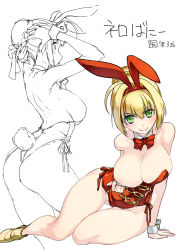 Rule 34 | 1girl, animal ears, bare shoulders, blonde hair, breasts, cleavage, dated, fake animal ears, fate/grand order, fate (series), gluteal fold, green eyes, large breasts, leotard, nero claudius (fate), nero claudius (fate) (all), nero claudius (fate/extra), playboy bunny, rabbit ears, red leotard, sketch, strapless, strapless leotard, thigh gap, tooya daisuke