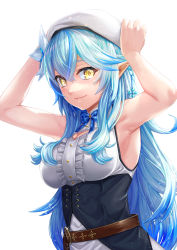 Rule 34 | 1girl, armpits, arms up, bare arms, belt, beret, blue bow, blue bowtie, blue hair, bow, bowtie, braid, breasts, brown belt, center frills, closed mouth, corset, elf, eyelashes, flower, framed breasts, frilled shirt, frills, hair between eyes, hair flower, hair ornament, half updo, hat, high collar, highres, hololive, large breasts, leather belt, long hair, looking at viewer, multicolored hair, nisui noki, pointy ears, shirt, simple background, sleeveless, sleeveless shirt, smile, snowflake hair ornament, solo, streaked hair, underbust, very long hair, virtual youtuber, white background, white hat, white shirt, yellow eyes, yukihana lamy