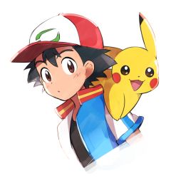 Rule 34 | 1boy, ame (ame025), ash ketchum, baseball cap, black hair, blush, brown eyes, brown shirt, creatures (company), game freak, gen 1 pokemon, hat, jacket, looking at viewer, male focus, nintendo, on shoulder, parted lips, pikachu, pokemon, pokemon (anime), pokemon (creature), pokemon on shoulder, pokemon the movie: the power of us, popped collar, red headwear, shirt, short hair, short sleeves, upper body, white background