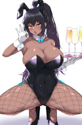Rule 34 | 1girl, animal ears, bare shoulders, black hair, blue archive, blue bow, blush, bow, bowtie, breasts, champagne flute, cleavage, collarbone, condom, condom wrapper, covered navel, cup, dark-skinned female, dark skin, detached collar, drinking glass, earrings, fake animal ears, fellatio gesture, fishnet pantyhose, fishnets, gloves, high heels, highres, holding, holding plate, jewelry, karin (blue archive), karin (bunny) (blue archive), large breasts, leotard, long hair, open mouth, pantyhose, plate, playboy bunny, ponytail, rabbit ears, solo, squatting, strapless, strapless leotard, takamaru3407, thighs, tongue, traditional bowtie, tray, very long hair, white background, white gloves, wide hips, wrist cuffs, yellow eyes