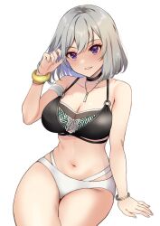 Rule 34 | 1girl, :d, arm at side, armband, bandeau, bare shoulders, bikini, black bikini, black choker, bob cut, breasts, choker, cleavage, collarbone, cowboy shot, crossed legs, dot nose, earrings, grey hair, grin, hair between eyes, hand in own hair, hand up, highres, idoly pride, jewelry, kanzaki rio, large breasts, legs together, long bangs, looking at viewer, medium hair, mismatched bikini, multiple bracelets, navel, open mouth, pendant, plum (arch), purple hair, raised eyebrows, sidelocks, simple background, sitting, smile, solo, stomach, swimsuit, teeth, thick thighs, thighs, white background, white bikini