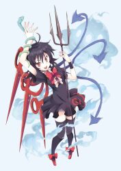 Rule 34 | 1girl, asymmetrical wings, black dress, black hair, black thighhighs, blue wings, bow, bowtie, buttons, center frills, dress, footwear bow, frilled dress, frills, highres, houjuu nue, mary janes, open mouth, polearm, red bow, red bowtie, red eyes, red footwear, red wings, shoes, short dress, short hair, short sleeves, smile, snake, solo, strange creators of outer world, suichuu hanabi, thighhighs, touhou, trident, weapon, wings, wristband, zettai ryouiki