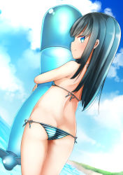 Rule 34 | 1girl, asashio (kancolle), ass, bare shoulders, bikini, black hair, blue eyes, blue sky, blush, butt crack, closed mouth, cloud, cloudy sky, comah, commentary request, day, highres, horizon, hugging object, kantai collection, long hair, looking at viewer, looking back, ocean, outdoors, profile, side-tie bikini bottom, sky, smile, solo, striped bikini, striped clothes, stuffed toy, swimsuit, water