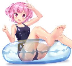 Rule 34 | 1girl, barefoot, breasts, doki doki literature club, feet, foot focus, hair ornament, hair ribbon, highres, innertube, looking at viewer, medium breasts, naka (cheeseyeast), natsuki (doki doki literature club), one-piece swimsuit, open mouth, pink eyes, pink hair, red ribbon, ribbon, school swimsuit, short hair, soles, solo, swim ring, swimsuit, toes, two side up, v, white background