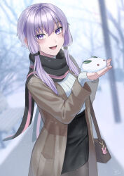 Rule 34 | 1girl, absurdres, bag, bag charm, bare tree, blurry, blurry background, blush, charm (object), coat, highres, holding, long sleeves, looking at viewer, nil (pixiv 53614557), open mouth, outdoors, pantyhose, purple eyes, purple hair, scarf, shirt tucked in, short hair with long locks, shoulder bag, skirt, sleeves past wrists, smile, snow, snow rabbit, snowing, solo, tree, vocaloid, voiceroid, yuzuki yukari