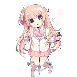 Rule 34 | 1girl, :o, blazer, blue eyes, bottle, bow, bowtie, head tilt, holding, holding bottle, jacket, long hair, long sleeves, looking at viewer, official art, one side up, pink hair, pleated skirt, shoes, sitting, skirt, solo, transparent background, tweezers, twintails, uchi no hime-sama ga ichiban kawaii, uwabaki