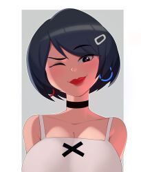 Rule 34 | 1girl, absurdres, black choker, black eyes, black hair, breasts, camisole, choker, cleavage, collarbone, commentary, earrings, evie (fortnite), fortnite, hair ornament, hairclip, highres, hoop earrings, jewelry, large breasts, lipstick, makeup, open mouth, portrait, postblue98, raised eyebrow, red lips, see-through, see-through cleavage, short hair, smile, solo, symbol-only commentary, white camisole