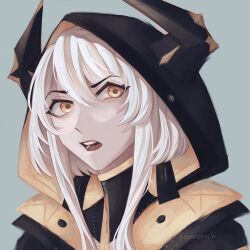 1girl black_jacket grey_background grey_hair hair_between_eyes highres hood horned_hood horns jacket karenina:_blast_(pgr) karenina_(pgr) open_mouth orange_eyes orange_jacket punishing:_gray_raven short_hair_with_long_locks solo srcd1a teeth two-sided_fabric two-sided_jacket upper_teeth_only