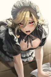 Rule 34 | 1boy, alternate costume, apron, black dress, blonde hair, blush, cleaning, commentary request, crossdressing, dated commentary, dress, enmaided, eyelashes, fang, frilled apron, frills, from above, genshin impact, hair between eyes, highres, kaveh (genshin impact), kneeling, long hair, looking at viewer, looking up, maid, maid apron, maid headdress, male focus, mn, open mouth, pectoral cleavage, pectorals, puffy nipples, red eyes, solo, trap, wooden floor