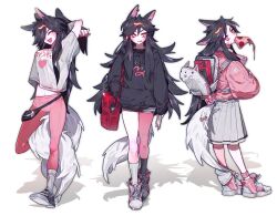 Rule 34 | 1girl, :p, ahri (league of legends), alternate costume, animal ears, black footwear, black hair, closed eyes, facial mark, food, food in mouth, fox ears, fox tail, full body, hair between eyes, highres, holding, holding phone, jacket, league of legends, long hair, looking at viewer, looking to the side, multiple views, open mouth, pants, phone, pink footwear, pink jacket, pink pants, pizza, red bag, shadow, shirt, sidelocks, sigeumchimuchim, simple background, skirt, socks, sparkle, standing, tail, tongue, tongue out, whisker markings, white background, white bag, white shirt, white skirt, white socks
