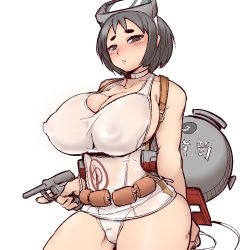Rule 34 | 10s, 1girl, aged up, alternate breast size, backpack, bag, belt, black eyes, black hair, blush, breasts, casual one-piece swimsuit, choker, collarbone, diving mask, diving mask on head, goggles, goggles on head, gun, handgun, holding, holding gun, holding weapon, huge breasts, kantai collection, looking at viewer, maru-yu (kancolle), omiya (louise-louis-lucille), one-piece swimsuit, parted lips, partially visible vulva, pistol, short hair, simple background, solo, swimsuit, trigger discipline, weapon, white background, white one-piece swimsuit