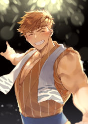 Rule 34 | 1boy, alternate costume, bara, bare shoulders, blonde hair, blush, closed eyes, closed mouth, collarbone, facing viewer, granblue fantasy, higashigunkan, holding, male focus, pectorals, pointing, shirt, simple background, sleeveless, smile, solo, towel, towel around neck, upper body, vane (granblue fantasy)