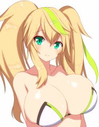 Rule 34 | 1girl, aqua eyes, asamura hiori, bare shoulders, blonde hair, breasts, cleavage, fang, gene (pso2), green hair, highres, huge breasts, long hair, looking at viewer, multicolored hair, phantasy star, phantasy star online 2, simple background, solo, twintails, white background