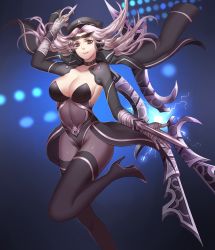 Rule 34 | 1girl, bandages, black pantyhose, blade, boots, breasts, brown eyes, choker, citemer, cleavage, dagger, detached sleeves, eyewear on head, hat, high heels, highres, hip focus, irelia, jacket, jacket on shoulders, knee up, knife, large breasts, league of legends, liuruoyu8888, long hair, looking at viewer, navel, pantyhose, silver hair, smile, solo, sunglasses, thigh boots, thighhighs, weapon