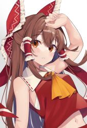 Rule 34 | 1girl, absurdres, arm up, bare arms, bare shoulders, blush, bow, breasts, brown eyes, brown hair, chroemaguro, commentary request, fingernails, frilled bow, frilled hair tubes, frills, hair between eyes, hair bow, hair intakes, hair tubes, hakurei reimu, highres, looking at viewer, medium breasts, midriff, navel, red bow, red vest, sarashi, simple background, solo, touhou, upper body, vest, white background, wing collar