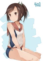 Rule 34 | 10s, 1girl, bad id, bad pixiv id, brown eyes, brown hair, i-401 (kancolle), kantai collection, personification, ponytail, sailor collar, school swimsuit, short hair, sitting, soburi, solo, swimsuit, swimsuit under clothes, yokozuwari