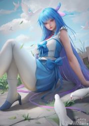 Rule 34 | absurdres, text background, bird, blue hair, blue sky, bug, butterfly, cloud, douluo dalu, falling leaves, fence, grass, high heels, highres, insect, leaf, sky, tang wutong (douluo dalu), thighhighs