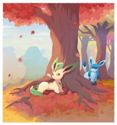 Rule 34 | autumn, breath, bright pupils, brown eyes, commentary request, creatures (company), day, falling leaves, game freak, gen 4 pokemon, glaceon, highres, leaf, leafeon, looking up, lying, ma-hain-scarlet, nintendo, no humans, outdoors, pokemon, pokemon (creature), sky, standing, tree, white pupils