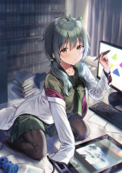 Rule 34 | 1girl, ahoge, black pantyhose, blurry, blurry background, book, book stack, bookshelf, brown eyes, closed mouth, commentary request, controller, curtains, depth of field, drawing tablet, feet out of frame, game controller, green hair, green neckwear, green sailor collar, green serafuku, green shirt, green skirt, hair between eyes, hair over shoulder, hand up, holding, holding stylus, indoors, keyboard (computer), lab coat, long hair, long sleeves, looking at viewer, low twintails, midorikawa you, monitor, off shoulder, on floor, open clothes, original, pantyhose, pleated skirt, sailor collar, school uniform, serafuku, shirt, skirt, sleeves past fingers, sleeves past wrists, solo, stylus, twintails, wooden floor