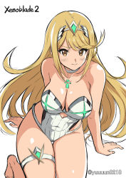 Rule 34 | 1girl, bare arms, blonde hair, blush, breasts, choker, cleavage, covered navel, cowboy shot, from above, highres, large breasts, looking at viewer, mythra (radiant beach) (xenoblade), mythra (xenoblade), nintendo, one-piece swimsuit, simple background, swept bangs, swimsuit, thigh gap, thigh strap, thighs, tiara, twitter username, white background, white choker, white one-piece swimsuit, xenoblade chronicles (series), xenoblade chronicles 2, yellow eyes, yuuuun0218