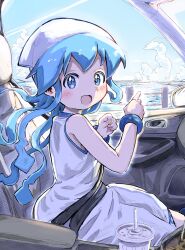 Rule 34 | 1girl, absurdres, blue eyes, blue hair, blue sky, bracelet, car interior, cloud, commentary request, commission, cup, disposable cup, dress, head scarf, highres, ikamusume, jewelry, long dress, long hair, ocean, open mouth, pointing, pov, reo (salmomomon), shinryaku! ikamusume, skeb commission, sky, smile, solo, tentacle hair, wcdonald&#039;s, white dress