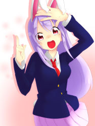 Rule 34 | 1girl, animal ears, arms up, blazer, breasts, collared shirt, cowboy shot, extra ears, highres, jacket, kameyan, long hair, looking at viewer, necktie, open mouth, pointing, purple hair, rabbit ears, rabbit girl, rabbit tail, red eyes, red necktie, reisen udongein inaba, shirt, skirt, solo, tail, touhou