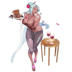Rule 34 | 1girl, abs, blue hair, breasts, cleavage, cup, dark-skinned female, dark skin, drinking glass, food, full body, game cg, hair between eyes, highres, large breasts, last origin, light, light blue hair, long hair, looking at viewer, mole, mole on breast, muscular, naughty face, navel, official art, open mouth, orange eyes, plate, rorobomb, scathy, seductive smile, smile, solo, tachi-e, tongue, tongue out, transparent background, wavy hair, wide hips, wine glass
