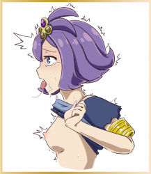 Rule 34 | 1girl, acerola (pokemon), armlet, artist request, blue shirt, blush, border, breasts, clothes lift, creatures (company), drooling, elite four, female focus, from side, game freak, hair ornament, matching hair/eyes, medium breasts, nintendo, nipples, no bra, open mouth, pokemon, pokemon sm, purple eyes, purple hair, saliva, saliva trail, shirt, shirt lift, short hair, short sleeves, simple background, solo, sweat, tears, tongue, tongue out, trembling, trial captain, upper body, white background, yellow border