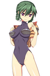Rule 34 | 1girl, banpresto, bare shoulders, breasts, caryo, covered navel, green hair, hair rings, large breasts, leotard, looking down, lowres, mina likering, nanashino, purple eyes, simple background, solo, super robot wars, super robot wars f, undressing, white background