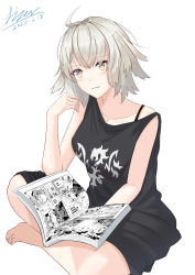Rule 34 | 1girl, absurdres, ahoge, bare legs, barefoot, black dress, book, breasts, crossed legs, dated, dress, fate/grand order, fate (series), highres, holding, holding book, jeanne d&#039;arc (fate), jeanne d&#039;arc alter (avenger) (fate), jeanne d&#039;arc alter (fate), large breasts, lizer, off-shoulder dress, off shoulder, short hair, signature, silver hair, tsurime, white background, yellow eyes
