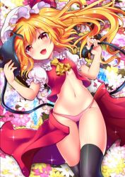 Rule 34 | 1girl, :d, ascot, asymmetrical hair, black thighhighs, blush, collarbone, commentary request, eyelashes, fang, feet out of frame, field, flandre scarlet, flower, flower field, frilled shirt collar, frilled sleeves, frills, happy, hat, holding, holding weapon, laevatein (touhou), looking at viewer, mob cap, navel, one side up, open clothes, open mouth, panties, pink panties, pleated skirt, puffy short sleeves, puffy sleeves, red eyes, red skirt, red vest, ribbon, rimu (kingyo origin), short hair, short sleeves, sidelocks, skin fang, skirt, slit pupils, smile, solo, sparkle, stomach, thighhighs, thighs, touhou, underwear, vest, weapon, white hat, yellow ascot