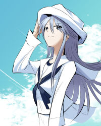 Rule 34 | blouse, blue eyes, blue neckerchief, blue sky, closed mouth, cloud, cloudy sky, commentary, cropped torso, day, dixie cup hat, dress, eyes visible through hair, flint (girls und panzer), girls und panzer, hand on headwear, hat, long hair, long sleeves, looking at viewer, military hat, neckerchief, ooarai naval school uniform, outdoors, pleated skirt, rents (akirents), sailor, sailor collar, school uniform, shirt, silver hair, skirt, sky, smile, standing, sundress, white shirt, white skirt, wind