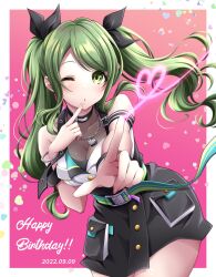 Rule 34 | 1girl, 2022, absurdres, black skirt, blush, border, breasts, cleavage, d4dj, dated, gradient background, green eyes, green hair, happy birthday, heart, highres, jewelry, long hair, looking at viewer, medium breasts, multicolored background, necklace, one eye closed, orange background, pink background, piyopiyomaru (piyo8823), shimizu esora, shirt, skirt, solo, twintails, white border, white shirt