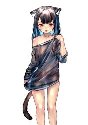 Rule 34 | 1girl, absurdres, animal ear fluff, animal ears, black hair, black shirt, blue hair, blush, brown eyes, cat ears, cat tail, clothes tug, collarbone, colored inner hair, cowboy shot, emutsuichi, hand up, highres, long hair, long sleeves, looking at viewer, multicolored hair, off shoulder, open mouth, original, oversized clothes, see-through silhouette, shirt, simple background, solo, standing, straight-on, tail, white background