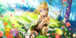 Rule 34 | 1girl, absurdres, alternate hairstyle, animal, animal print, aqua bow, artist name, artist request, ayase eli, bare legs, bare shoulders, beads, belt, blonde hair, blue eyes, blush, bow, breasts, brown belt, butterfly hair ornament, butterfly necklace, butterfly print, center frills, cleavage, collarbone, cross-laced clothes, cross-laced dress, detached collar, dress, female focus, flower, forest, forest fairy (love live!), frilled dress, frilled shorts, frills, full body, green bow, green dress, green footwear, green nails, green pants, green ribbon, green shorts, hair beads, hair between eyes, hair bobbles, hair bow, hair flower, hair ornament, high heels, high ponytail, highres, jewelry, leaf print, legwear garter, long hair, looking at viewer, love live!, love live! school idol festival, love live! school idol festival all stars, love live! school idol project, medium breasts, nail, nail polish, nature, necklace, pants, parted lips, pearl necklace, petals, pink petals, plaid, plaid dress, pleated, pleated dress, ponytail, puffy short sleeves, puffy sleeves, ribbon, ribbon-trimmed legwear, ribbon trim, shoes, short hair, short sleeves, shorts, single legwear garter, sitting, smile, solo, star (symbol), star print, sunlight, white detached collar, white flower