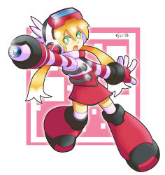 Rule 34 | 1girl, arm cannon, blonde hair, boots, call (mighty no. 9), goggles, goggles on head, green eyes, knee boots, long hair, mighty no. 9, robot ears, shoutaro saito, skirt, solo, striped, striped sleeves, thighhighs, twintails, weapon