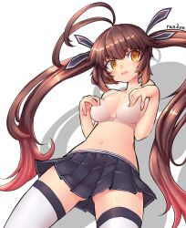 Rule 34 | 1girl, blush, bra, brown eyes, brown hair, embarrassed, from below, girls&#039; frontline, gluteal fold, hair ribbon, hands on own breasts, highres, long hair, m14 (girls&#039; frontline), miniskirt, navel, open mouth, pleated skirt, ranken, ribbon, shadow, simple background, skirt, solo, sweat, thighhighs, thighs, twintails, underwear, very long hair, white background, zettai ryouiki