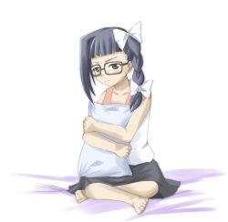 Rule 34 | 00s, 1girl, aged down, asatte no houkou, bad anatomy, bad feet, black hair, blush, bow, artistic error, glasses, green eyes, hair bow, hugging object, nogami shouko, pillow, pillow hug, poorly drawn, simple background, sitting, skirt, solo