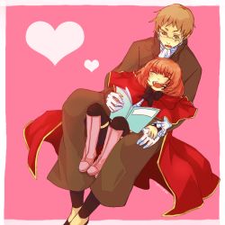 Rule 34 | 00s, 1girl, book, bow, brown hair, cape, chair, closed eyes, facial mark, formal, frills, glasses, gloves, heart, reim lunettes, lily (pandora hearts), open mouth, pandora hearts, saiko (match8282), short hair, sitting, sitting on lap, sitting on person, smile, thighhighs