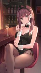 Rule 34 | 1girl, animal ears, bar (place), bare arms, bare shoulders, black leotard, bow, bowtie, breasts, brown eyes, brown hair, brown pantyhose, cleavage, commentary, counter, crossed legs, cup, detached collar, drinking glass, fake animal ears, hairband, hand up, highleg, highleg leotard, highres, large breasts, leotard, long hair, looking at viewer, open mouth, original, pantyhose, pasdar, playboy bunny, rabbit ears, sitting, solo, strapless, strapless leotard, wine glass, wrist cuffs
