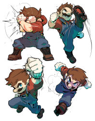 Rule 34 | 1boy, absurdres, blocking, blue eyes, blue overalls, boots, brown hair, clenched hands, denim, facial hair, gloves, highres, hood, hoodie, kicking, male focus, mario, mario (series), mustache, nintendo, overalls, punching, red hoodie, redlhzz, running, white background, white gloves